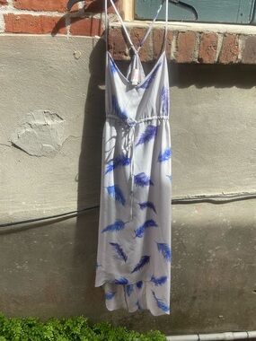 Light Grey Maxi Dress with Blue Feather Print
